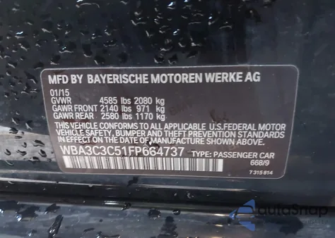 2015 BMW 320I xDrive из США, поврежденный, VIN WBA3C3C51FP664737